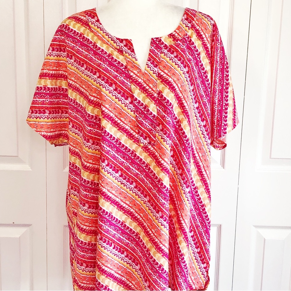 Catherines Colorful Pink Diagonal Stripe Print Popover Blouse 0X